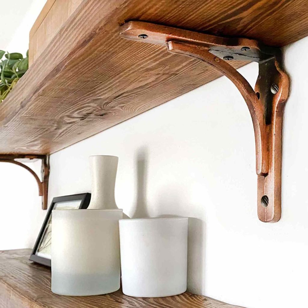 solid wood handmade shelves with copper gallows shelf brackets