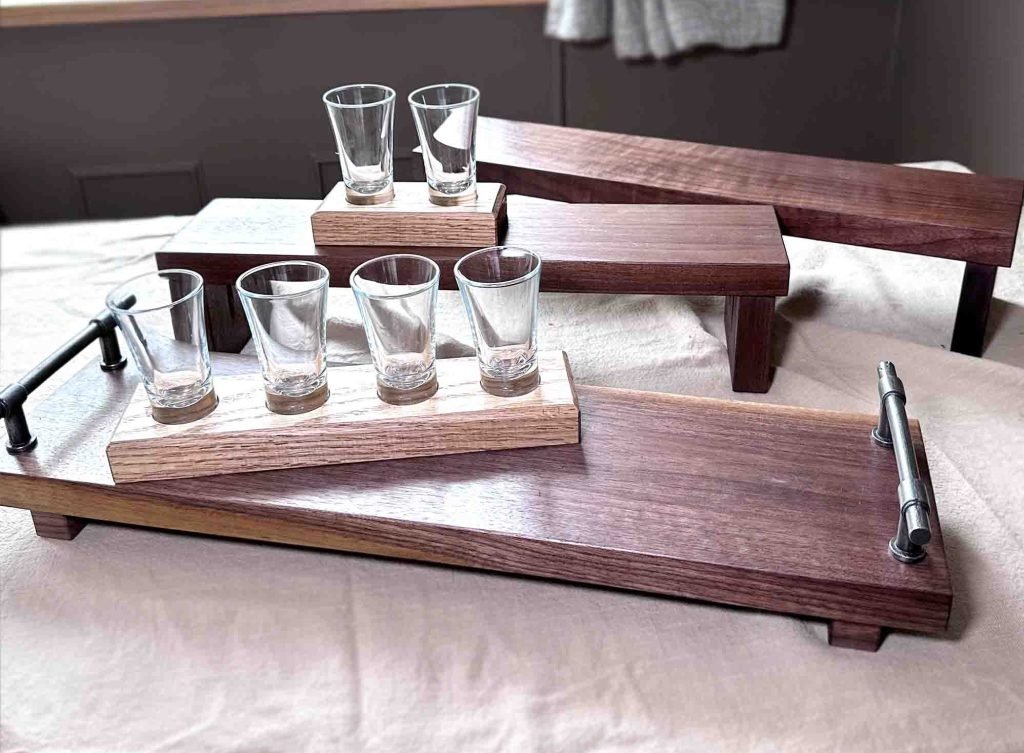 new walnut trays, plinths and table runners. and oak shot glass holder autumn christmas gifts 2024