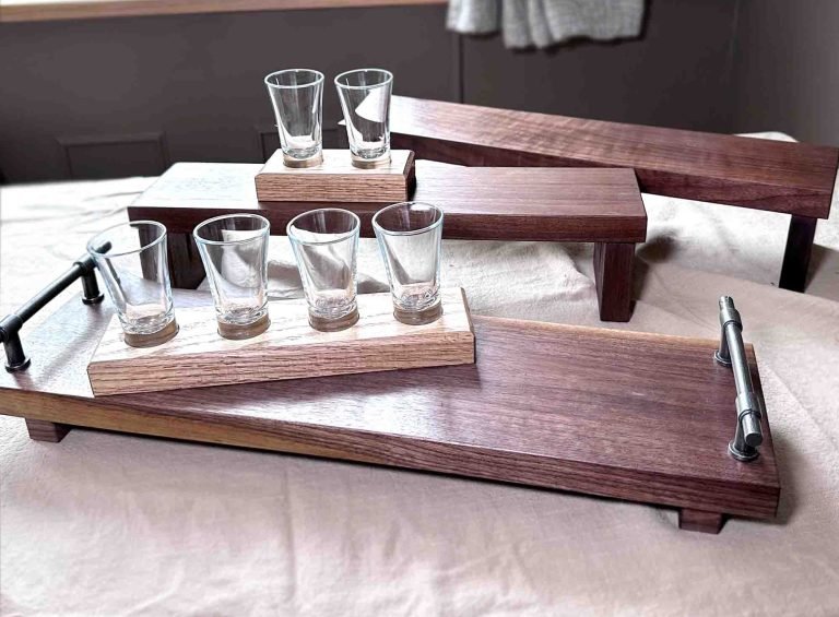 new walnut trays, plinths and table runners. and oak shot glass holder autumn christmas gifts 2024