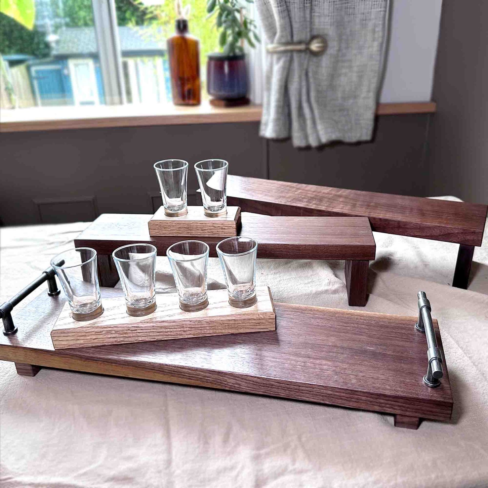 new walnut trays, plinths and table runners. and oak shot glass holder autumn christmas gifts 2024